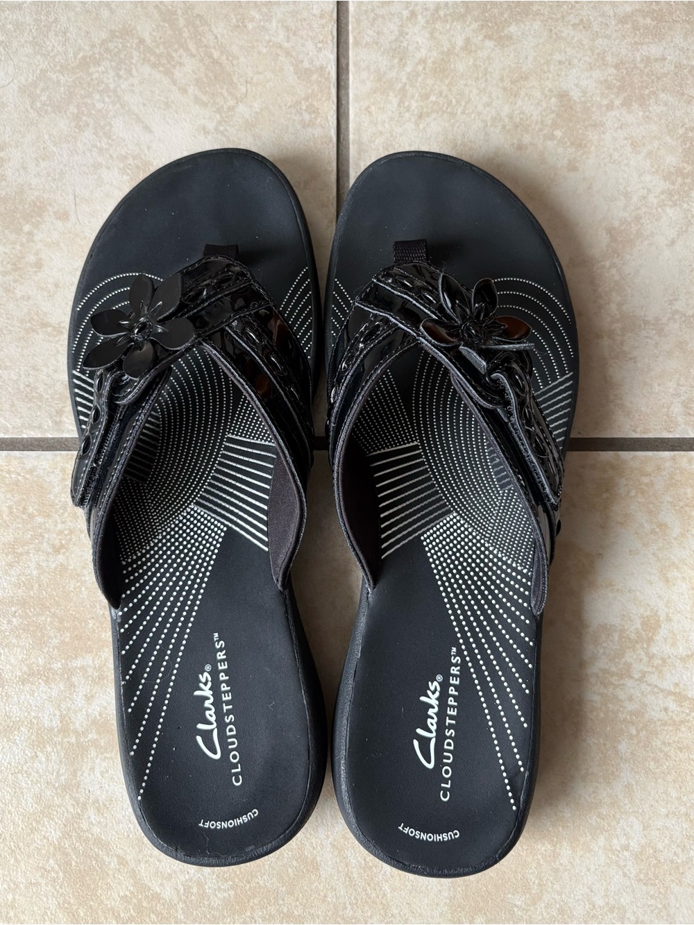 Clarks Black Patent Floral Strap Slide Sandals